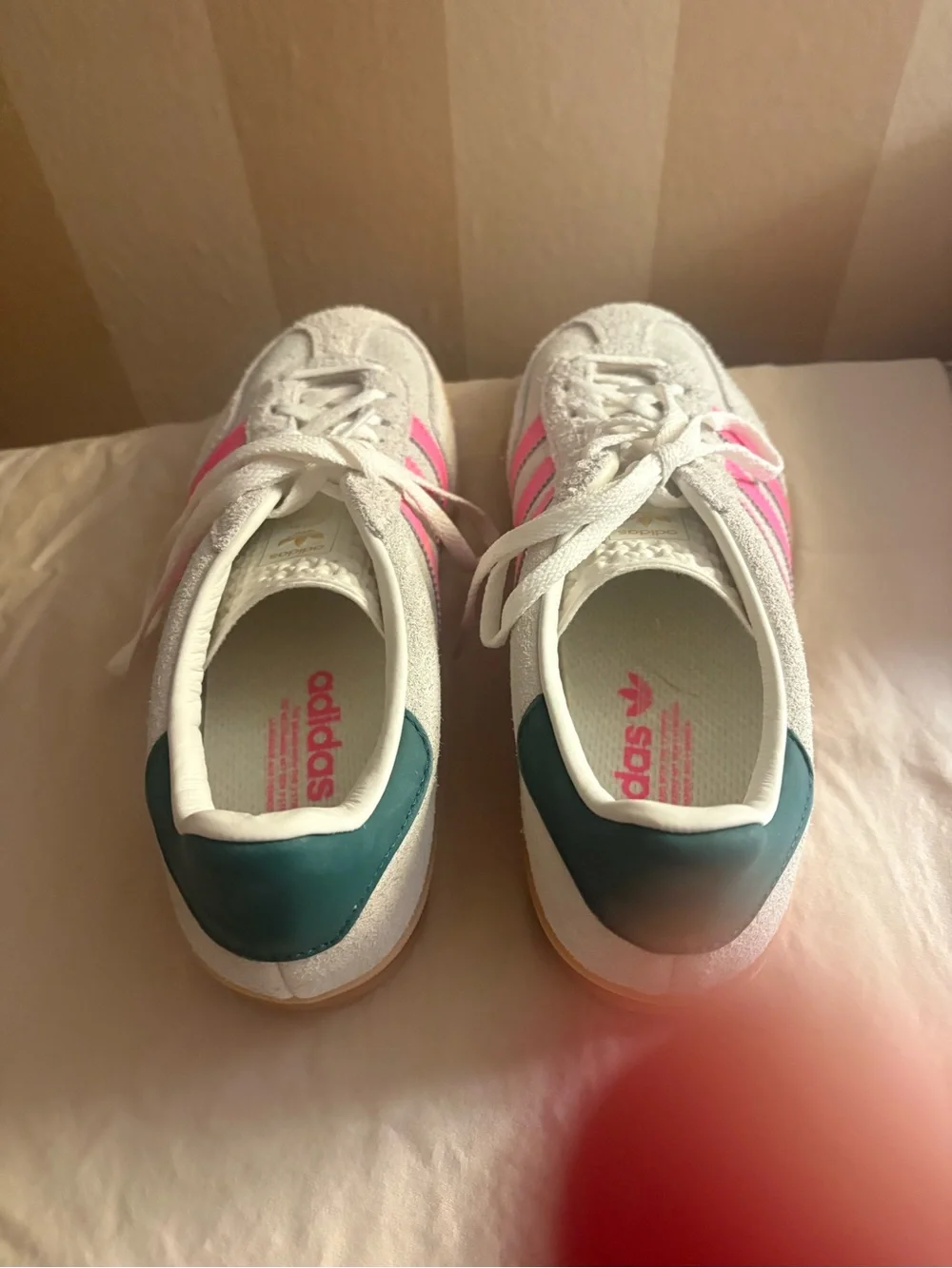 adidas Gazelle White Sneakers with Pink Stripes and Green Heel